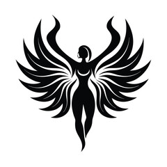 Obraz premium Elegant silhouette of a woman with large flowing wings representing freedom and power in black and white
