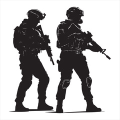 Silhouette vector set of an American soldier holding a gun. On white background