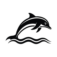 Fototapeta premium A graceful black and white silhouette of a leaping dolphin with wave elements on a pristine white background