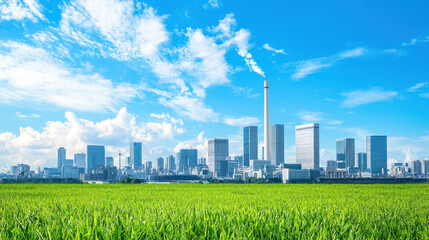 Vibrant city skyline with modern buildings and factory emitting smoke, set against clear blue sky and lush green fields, symbolizes industrial