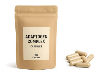 A beige pouch labeled Adaptogen Complex containing 60 capsules, with several capsules scattered beside it. Concept Supplement Packaging Design, Adaptogen Benefits, Capsule Ingredients