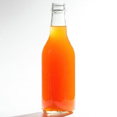 Glass bottle filled with orange liquid on white background
