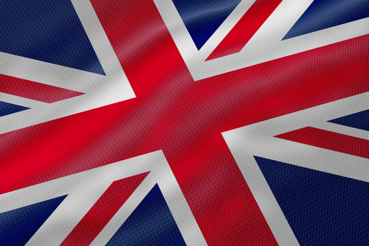 Waving Union Jack flag vividly displays patriotism and the national identity of United Kingdom.