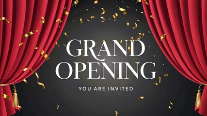 the "GRAND OPENING" banner is showcased as red curtains part, revealing a festive atmosphere filled with golden confetti and anticipation for a new beginning. The text You are invited appears