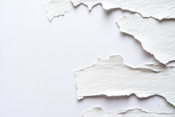 Ripped white paper on white background.  A close-up view of torn white paper pieces against a plain white backdrop.  The torn edges showcase texture and irregularity