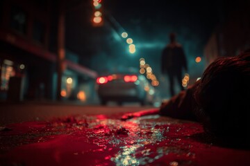 Nighttime crime scene with blood on the street, a car, and a person lying on the ground.