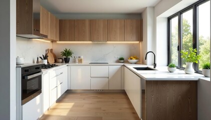 Modern kitchen renovation showcasing sleek countertops and stylish cabinetry , open concept, fresh, tile