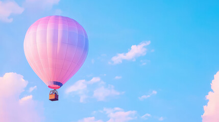 Fototapeta premium Colorful hot air balloon floats gracefully in bright blue sky filled with fluffy clouds, evoking sense of wonder and adventure