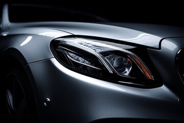 Close-up view of a modern luxury car headlight showcasing metallic silver body and chrome details with dramatic lighting