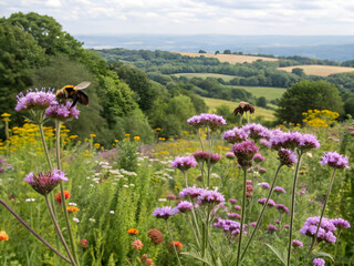 Fototapeta premium Bee biodiversity Vibrant wildflowers with bees against a scenic countryside backdrop.