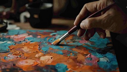 A hand holding a paintbrush, applying vibrant colors to a textured canvas.  Layers of mixed pigments create a dynamic composition