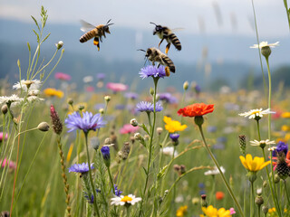 Fototapeta premium Bee biodiversity Bees pollinating vibrant wildflowers in a sunny meadow.
