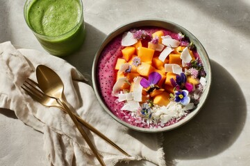 Vibrant chia breakfast bowl with dragon fruit and mango on a stone table in morning sunlight