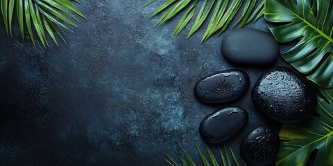 Relaxing spa arrangement with smooth black stones and green tropical leaves on dark textured background