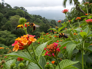 Bee biodiversity Vibrant flowers and bees in a lush green landscape under cloudy skies.