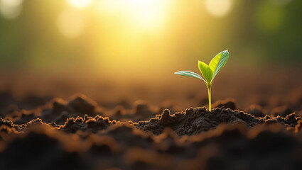 A small seedling grows in the fertile soil, bathed in golden sunlight, symbolizing new life and growth.