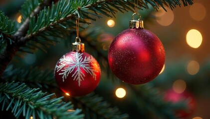 Sparkling Christmas baubles hanging on a tree branch , ball, christmas bauble, xmas