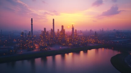 Fototapeta premium Industrial complex by a river at sunset.