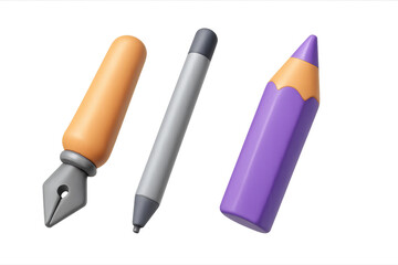 Colorful assorted writing instruments including fountain pen, marker, and crayon