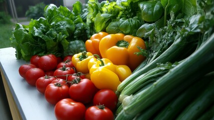A colorful array of farm-fresh vegetables, perfect for clean eating and meal preparation, on a white surface,