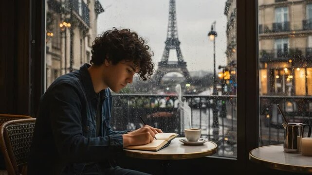 Man writes in notebook by a cafe window in Paris, with Eiffel Tower view