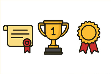 First prize icons: certificate, trophy, medal with red accents on gray background