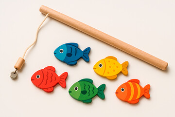 Wooden fishing game with colorful fish