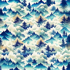 Watercolor mountain landscape pattern with trees in blue tones
