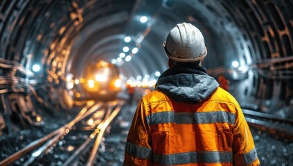 Obraz premium Construction Worker in Tunnel with Lights and Train Tracks Ahead