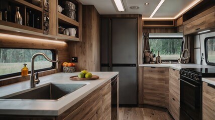 Fototapeta premium Stylish kitchen interior with different accessories and utensils in a modern trailer.