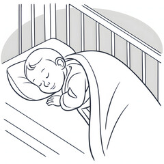 Sleeping baby illustration, peaceful, in crib, with blanket, in minimalistic design