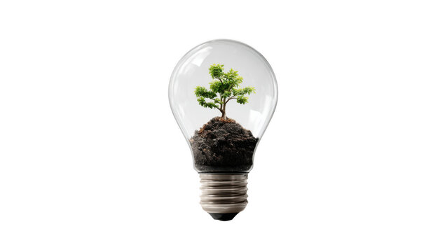 Lamp bulb png in 3d transparent with sprout and ground no background in thinking concept.