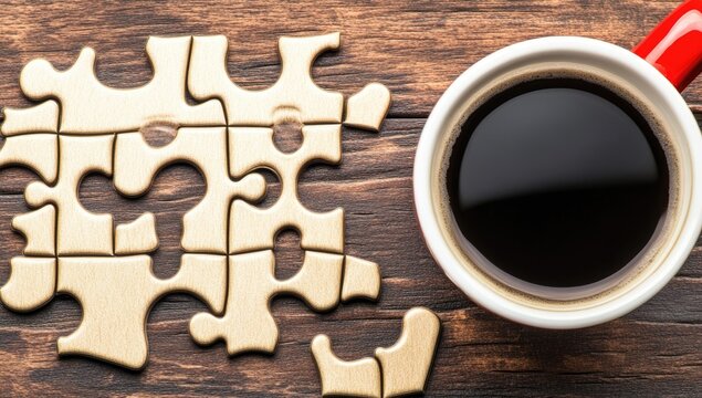 Unfinished jigsaw puzzle pieces beside a cup of coffee on a wooden table