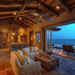 Fototapeta premium Cozy Ocean View From Rustic Interior With Dining Area high resolution picture