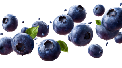 Blueberries with droplets and green leaves on clear background