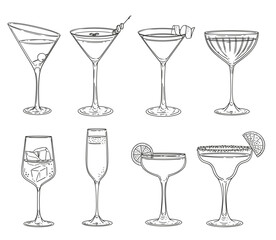 Set of original drinks in minimalist-style glasses. Drinking glass elements for posters, menus, cards, and graphic design. Vector illustration.
