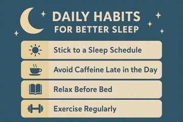 Obraz premium Tips for better sleep: stick to a sleep schedule, avoid late caffeine, relax before bed, and exercise regularly. Concept Sleep Schedule Consistency, Caffeine Avoidance, Relaxation Techniques