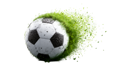 Soccer ball in motion creating a splash of grass and dirt