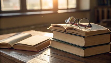 Stack of Books with Glasses in Sunlit Room