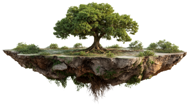 Floating island with large tree and greenery on transparent background