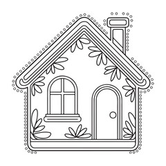 House Line art coloring page, outline cute cottage drawing, house vector art illustration design.