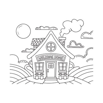 House Line art coloring page, outline cute cottage drawing, house vector art illustration design.