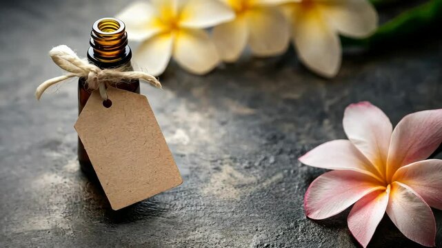 Flower and herbal extract in a bottle. Selective focus. tag,
