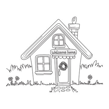 House Line art coloring page, outline cute cottage drawing, house vector art illustration design.
