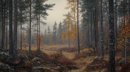 Fototapeta premium Autumnal Enchantment: A Misty Forest Path