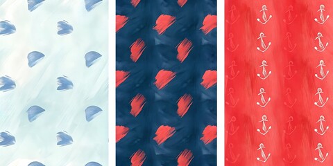 Seamless Watercolor Patterns Set Blue Red Anchors Brush Strokes
