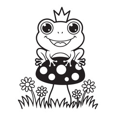 Vintage Frog on mushroom outline coloring page, line cute toad drawing, funny engraved frog vector art illustration design