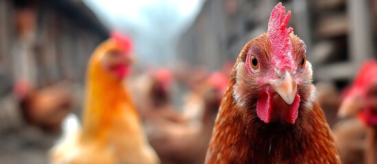 Close-up of a Brown Hen among Other Chickens in a Farm Setting, showcasing Poultry Farming and Agriculture