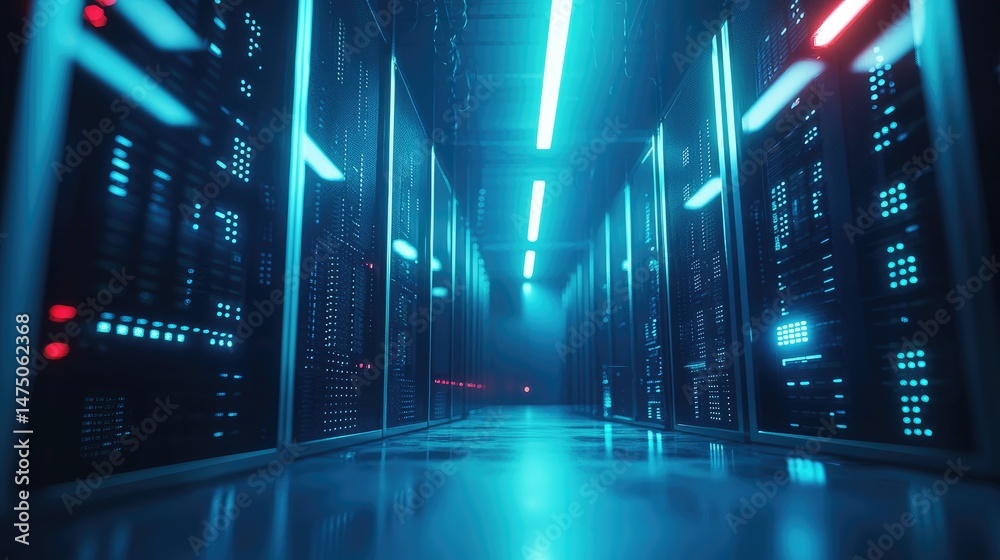 Poster blue-lit server hallway with reflections on polished floors, representing advanced cloud infrastruct