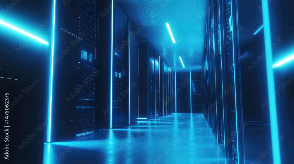 Poster sleek server corridor with intense blue lighting reflecting on polished floors, representing secure 